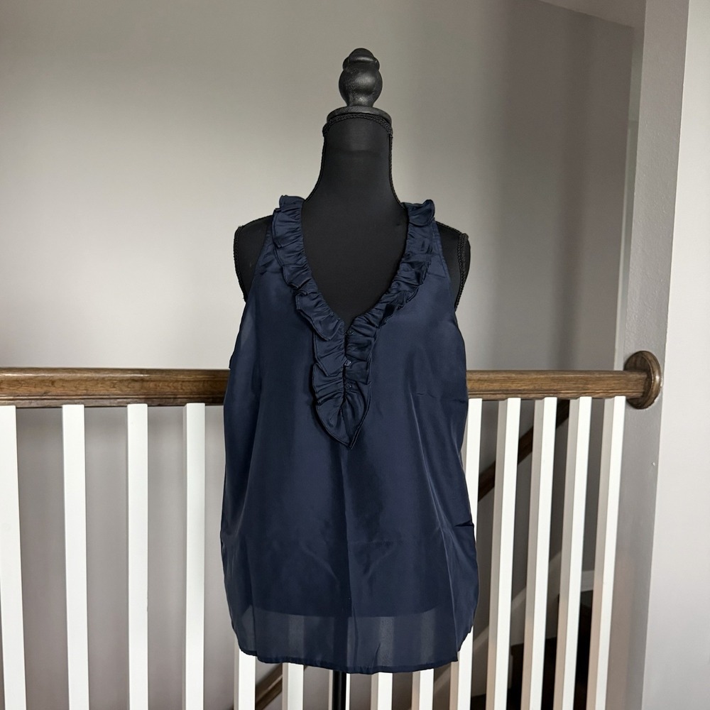 Old Navy NWT 100% Silk Ruffle Sleeveless Top Blue Large Quiet Luxury Romantic
